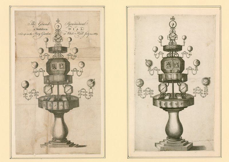 The Grand Pyramidical and Multiform Dial satt opp i Privy Garden i Whitehall, 24. juli 1669 av English School