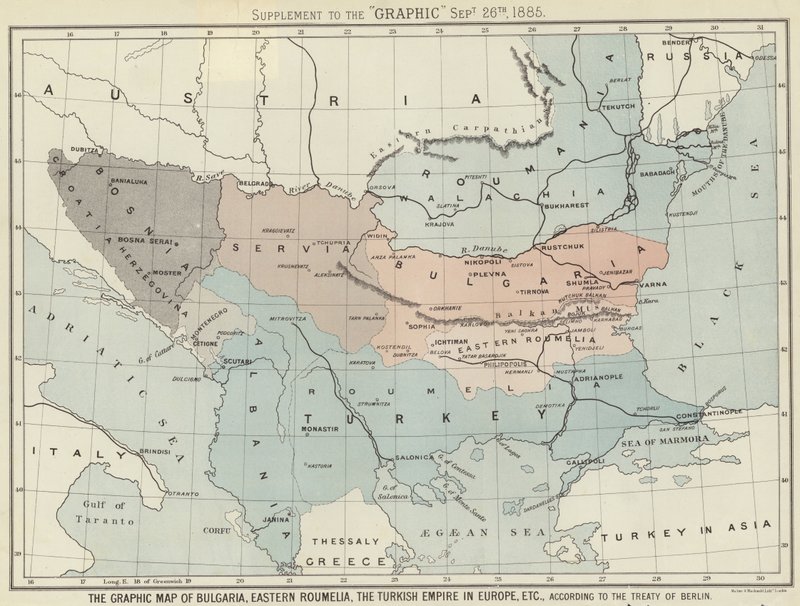 Det grafiske kartet over Bulgaria, Øst-Roumelia, det tyrkiske riket i Europa av English School