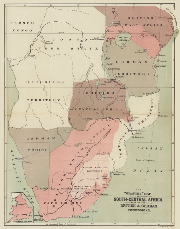 Det grafiske kartet over Sør-Sentral-Afrika som viser de britiske og tyske eiendelene (farge litho) av English School