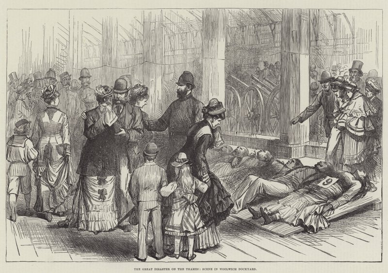 Den store katastrofen på Themsen, scene i Woolwich Dockyard (gravering) av English School