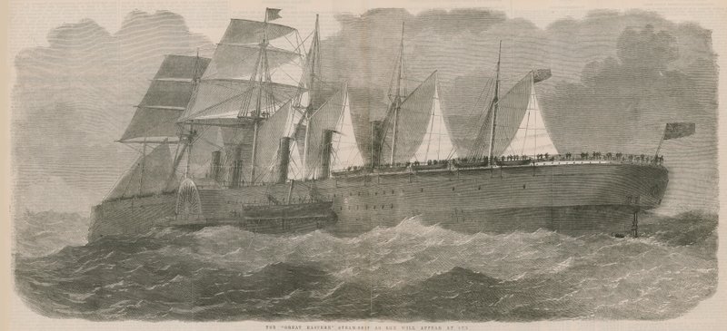 The Great Eastern dampskip som hun vil dukke opp på havet av English School