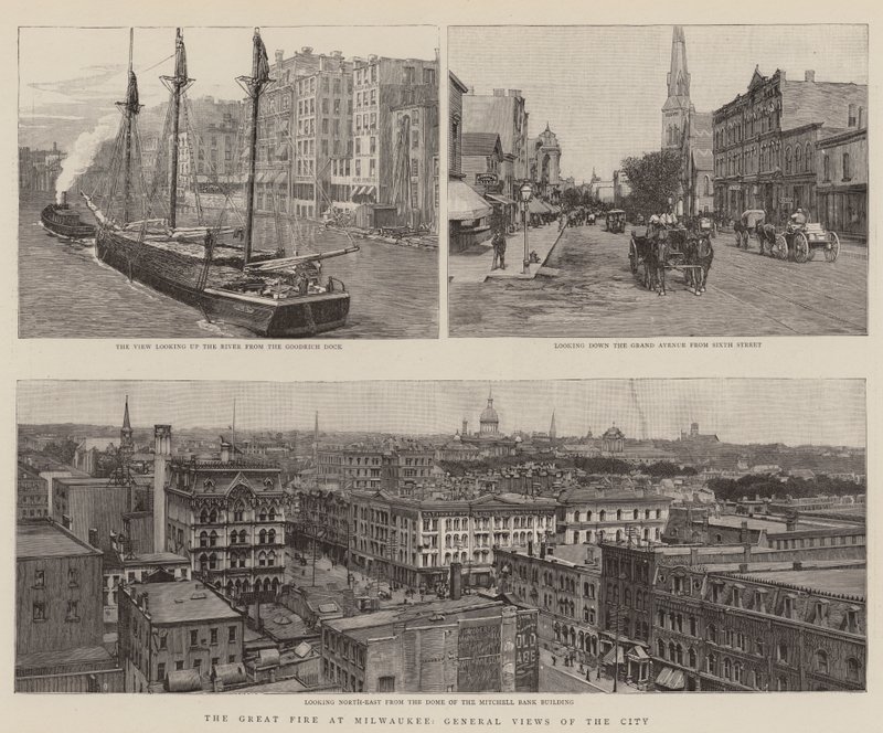 The Great Fire at Milwaukee, General Views of the City (gravering) av English School