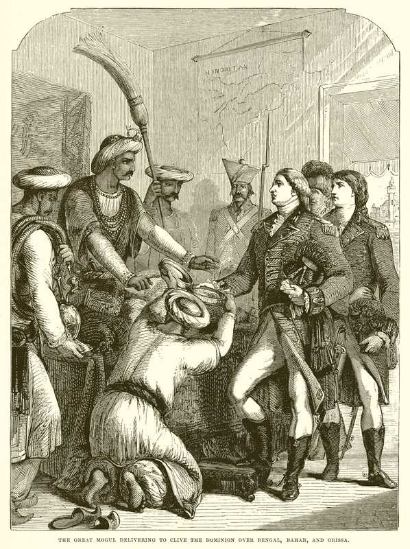 Den store mogulen leverer til Clive the Dominion over Bengal, Bahar og Orissa av English School