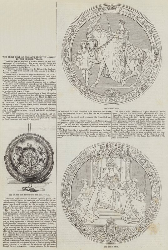 The Great Seal of England nylig festet til den kinesiske traktaten (gravering) av English School