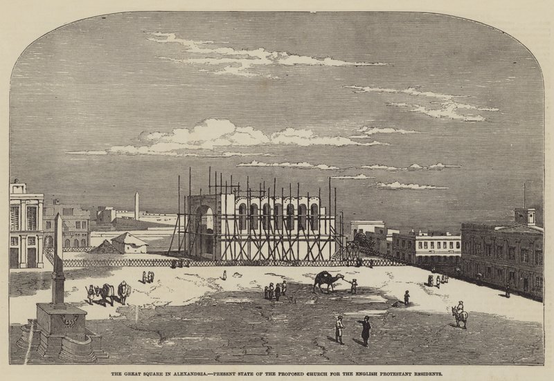 The Great Square i Alexandria, den nåværende tilstanden til den foreslåtte kirken for de engelske protestantiske innbyggerne (gravering) av English School