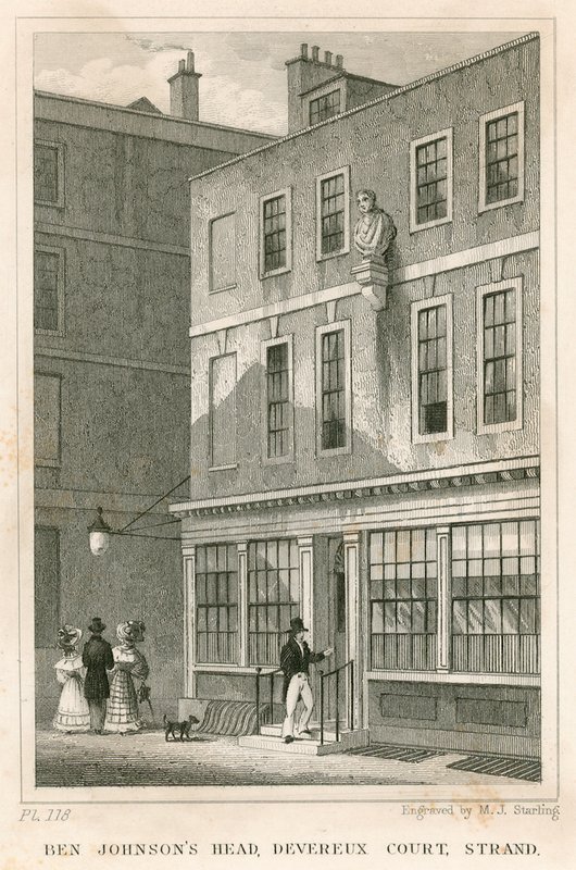 The Grecian Coffee House, Devereux Court, Strand, med en byste av Ben Johnson av English School