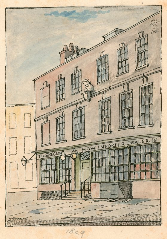 The Grecian Coffee House, Devereux Court, Strand, med en byste av Ben Johnson av English School