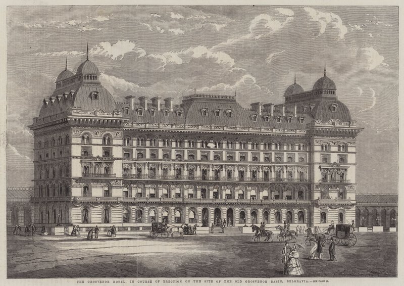 The Grosvenor Hotel, under oppstilling på stedet for det gamle Grosvenor-bassenget, Belgravia (gravering) av English School