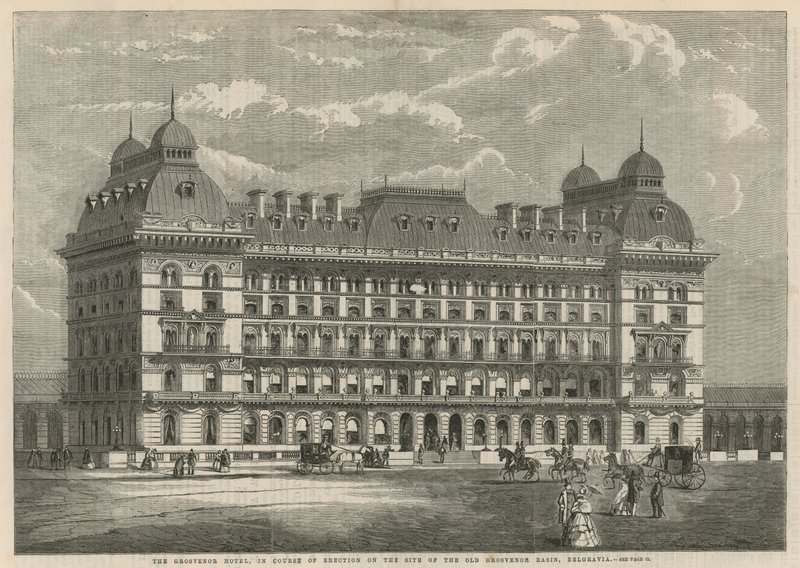 Grosvenor Hotel, under oppføring på stedet for det gamle Grosvenor-bassenget, Belgravia av English School