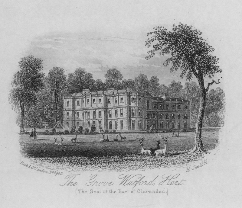 The Grove Watford, Hertfordshire, setet til jarlen av Clarendon (gravering) av English School
