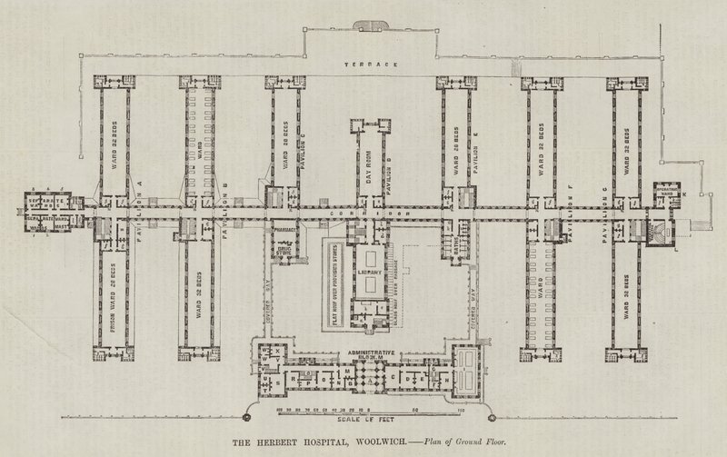 The Herbert Hospital, Woolwich, Plan over første etasje (gravering) av English School