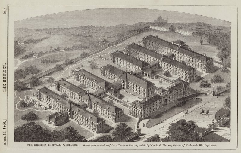 Herbert Hospital, Woolwich, reist etter designene til kaptein Douglas Galton, assisterte … (gravering) av English School