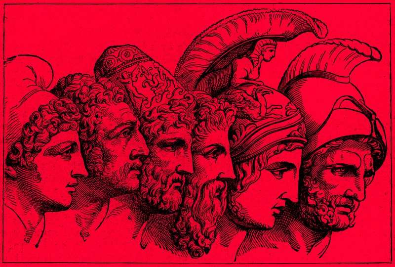 The Heroes of the Trojan War: Paris, Diomedes, Odysseus, Nestor, Achilles, Agamemnon, illustrasjon fra The Illustrated History of the World, utgitt ca. 1880 (digitalt forbedret bilde) av English School