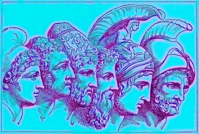 The Heroes of the Trojan War: Paris, Diomedes, Odysseus, Nestor, Achilles, Agamemnon, illustrasjon fra The Illustrated History of the World, utgitt ca. 1880 (digitalt forbedret bilde) av English School