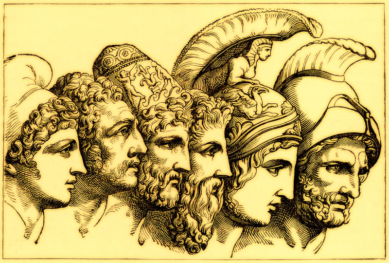 The Heroes of the Trojan War: Paris, Diomedes, Odysseus, Nestor, Achilles, Agamemnon, illustrasjon fra The Illustrated History of the World, utgitt ca. 1880 (digitalt forbedret bilde) av English School