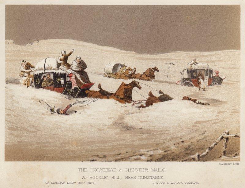 Holyhead og Chester sender post, på Hockley Hill, nær Dunstable (farge litho) av English School