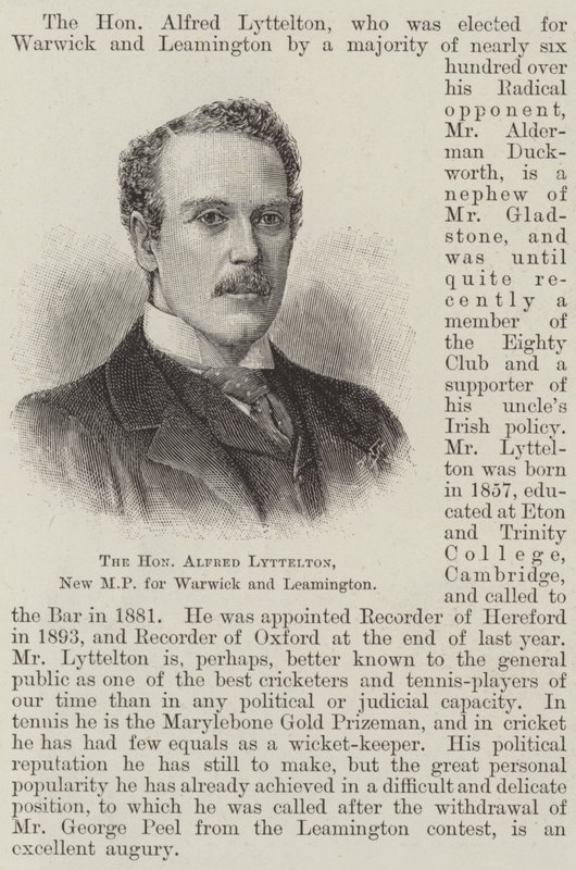 Den ærede Alfred Lyttelton, ny MP for Warwick og Leamington (gravering) av English School