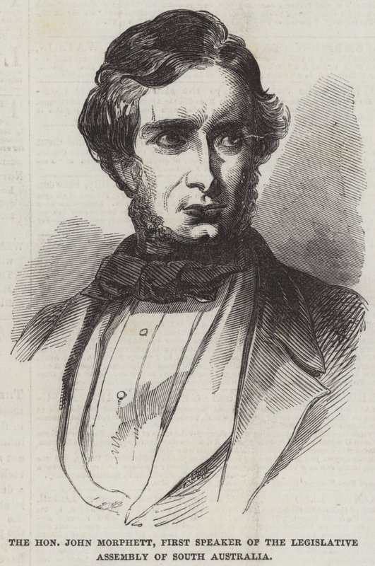 Den ærede John Morphett, første taler for den lovgivende forsamlingen i Sør-Australia (gravering) av English School