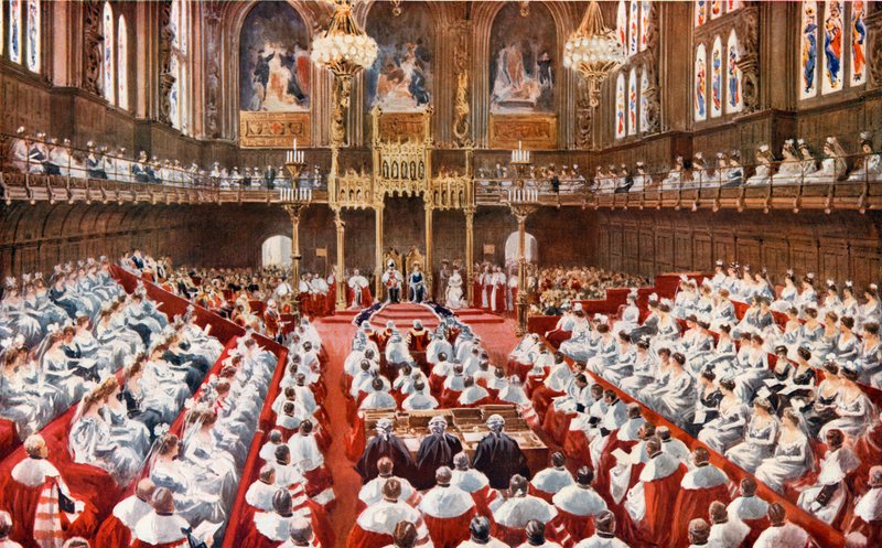 House of Lords. Åpningen av parlamentets hus av Hans Majestet Kongen av English School
