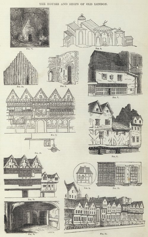 Husene og butikkene i Old London (gravering) av English School