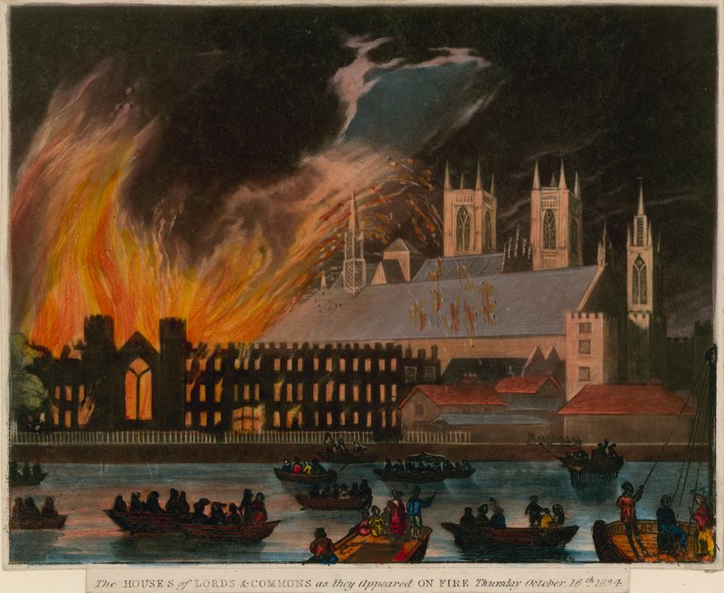 Houses of Lords and Commons slik de dukket opp i brann, 16. oktober 1834 av English School