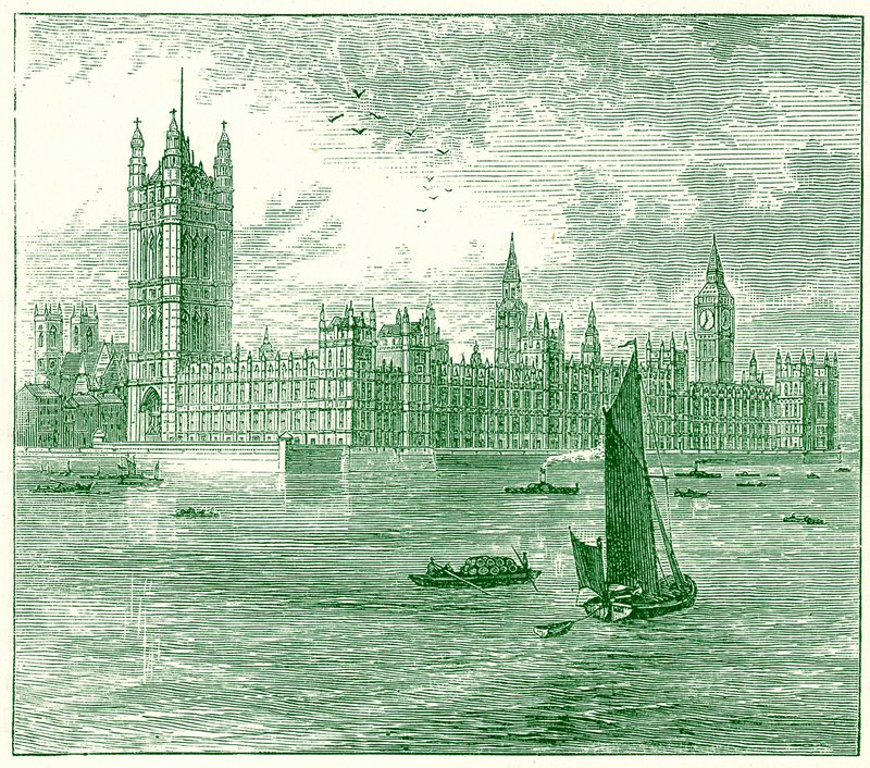 The Houses of Parliament og Westminster Abbey, illustrasjon fra The World as it Is av George Chisolm, utgitt 1885 (digitalt forbedret bilde) av English School
