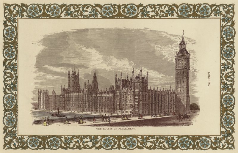 Houses of Parliament i London (fargegravering) av English School