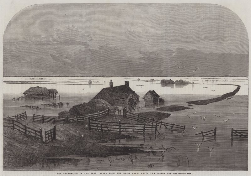 Oversvømmelsen i gjerdene, scene fra avløpsbanken, over Coffer Dam (gravering) av English School