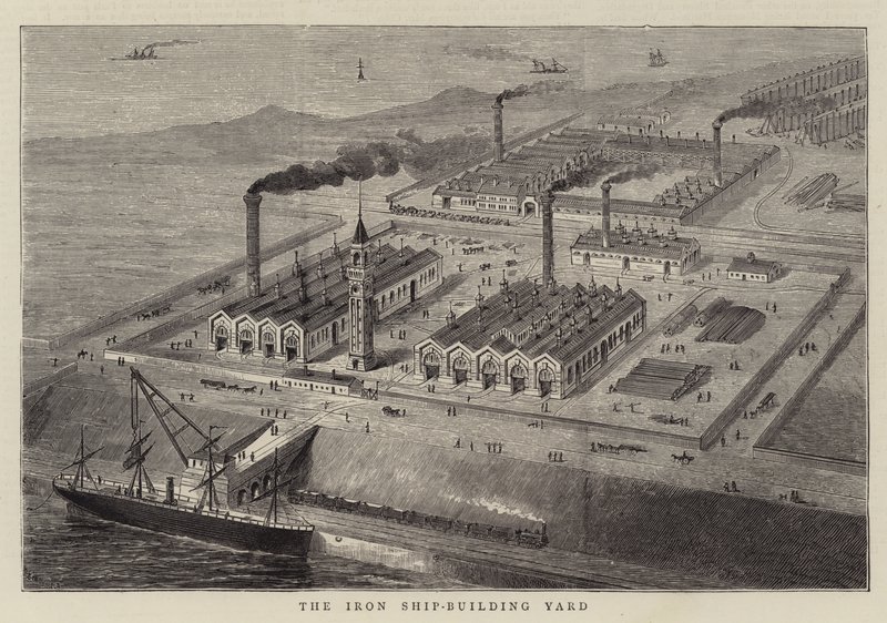 The Iron Ship-Building Yard (gravering) av English School