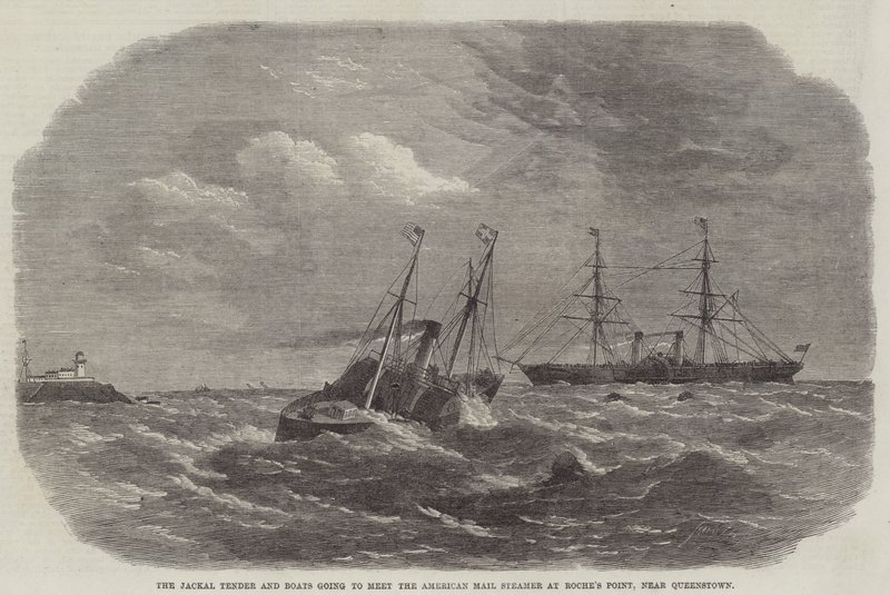 The Jackal Tender and Boats skal møte American Mail Steamer ved Roche's Point, nær Queenstown (gravering) av English School