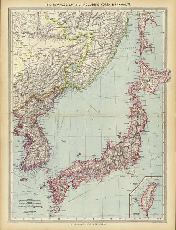 Det japanske imperiet, inkludert Korea og Sakhalin (farge litho) av English School