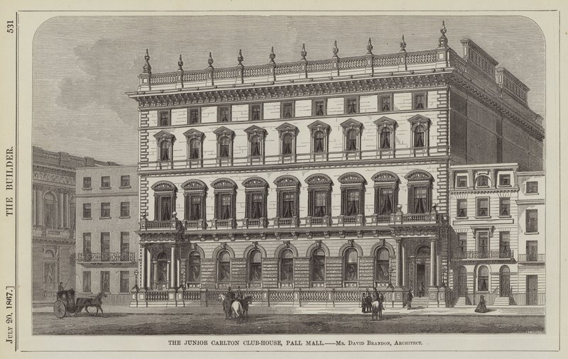 Junior Carlton Club-House, Pall Mall, Mr David Brandon, arkitekt (gravering) av English School