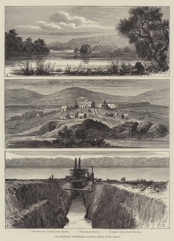 Kimberley Waterworks, Diamond Fields, Sør-Afrika (gravering) av English School
