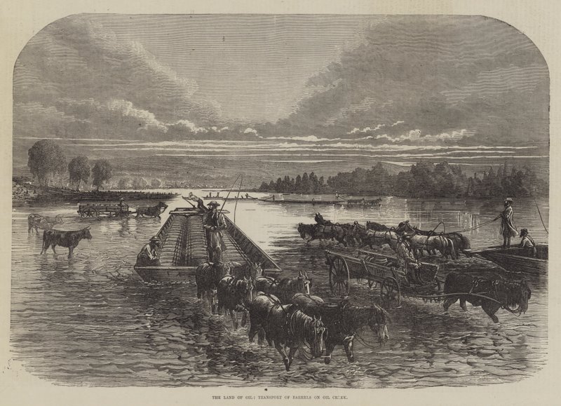 The Land of Oil, transport av fat på Oil Creek (gravering) av English School