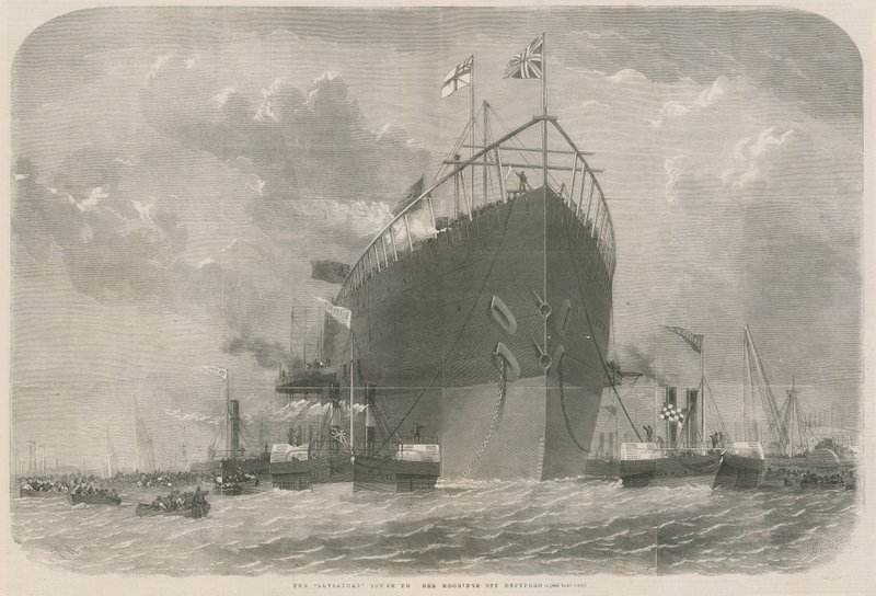 Leviathan tauet til fortøyningene hennes utenfor Deptford av English School