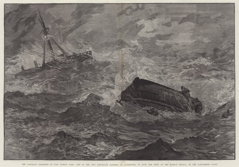 Livbåtkatastrofene i forrige ukes kuling, en av de to livbåtene kantret i forsøk på å redde mannskapet på Barque Mexico, på Lancashire Coast (gravering) av English School