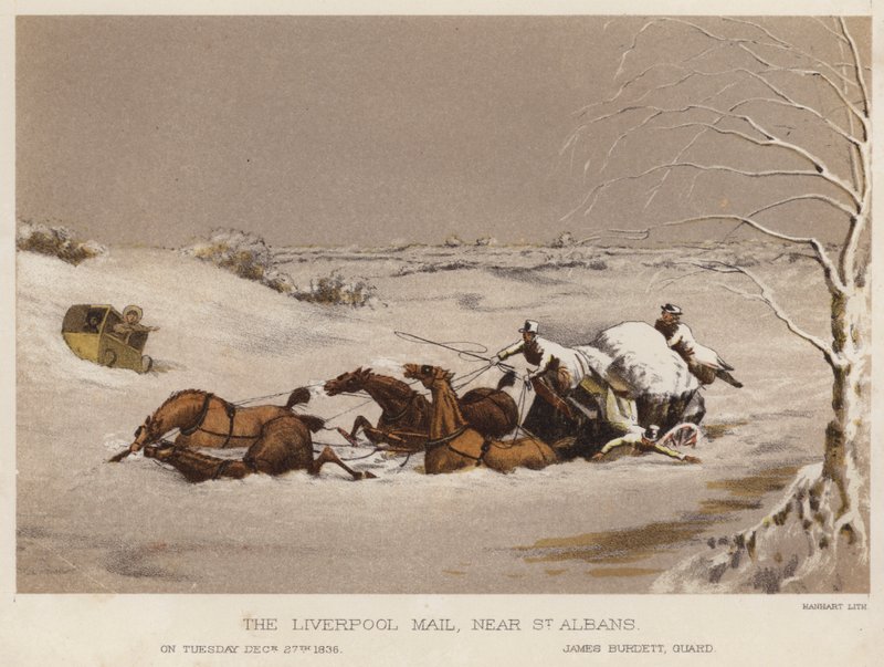 Liverpool-posten, nær St Albans (farge litho) av English School
