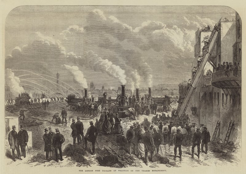 London Fire Brigade at Practice on Thames Embankment (gravering) av English School