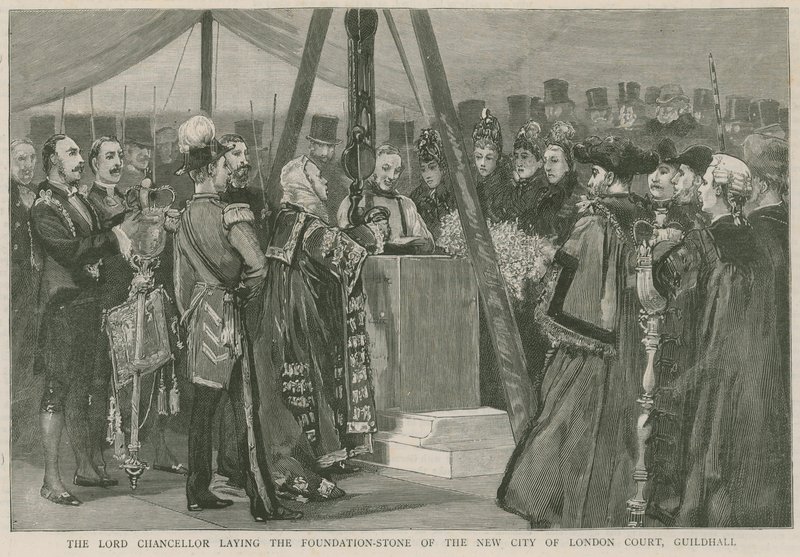 Lord Chancellor legger grunnsteinen til den nye City of London Court, Guildhall av English School