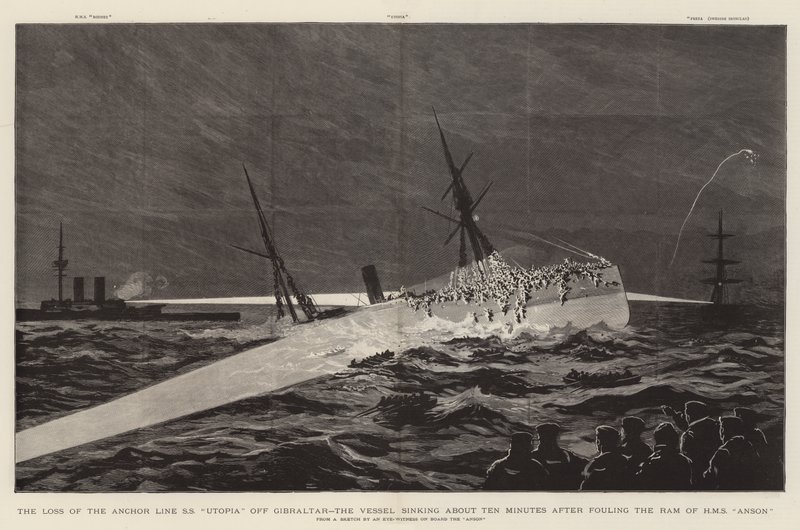 Tapet av ankerlinjen SS "Utopia" utenfor Gibraltar, fartøyet sank rundt ti minutter etter å ha tilgriset Ramen til HMS "Anson" (gravering) av English School