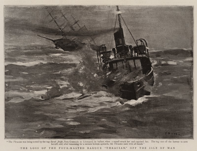 Tapet av den firmastede barken "Thracian", utenfor Isle of Man (litho) av English School
