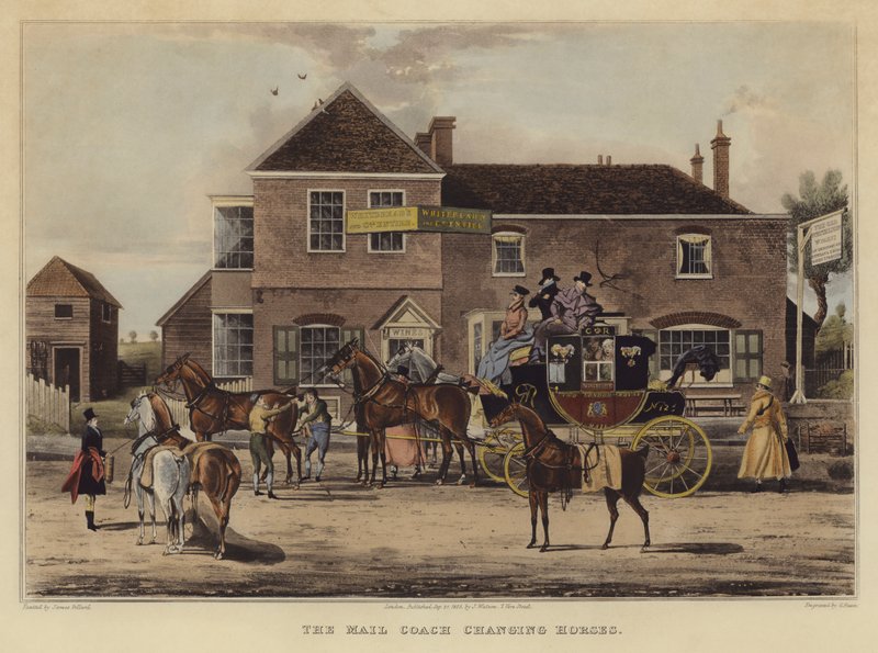 The Mail Coach Changing Horses (farget gravering) av English School