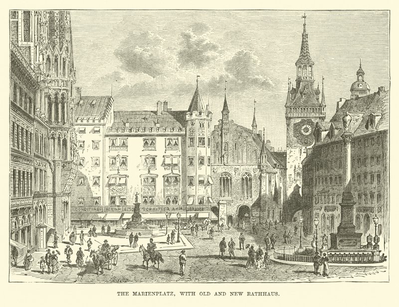 Marienplatz, med gamle og nye Rathaus av English School
