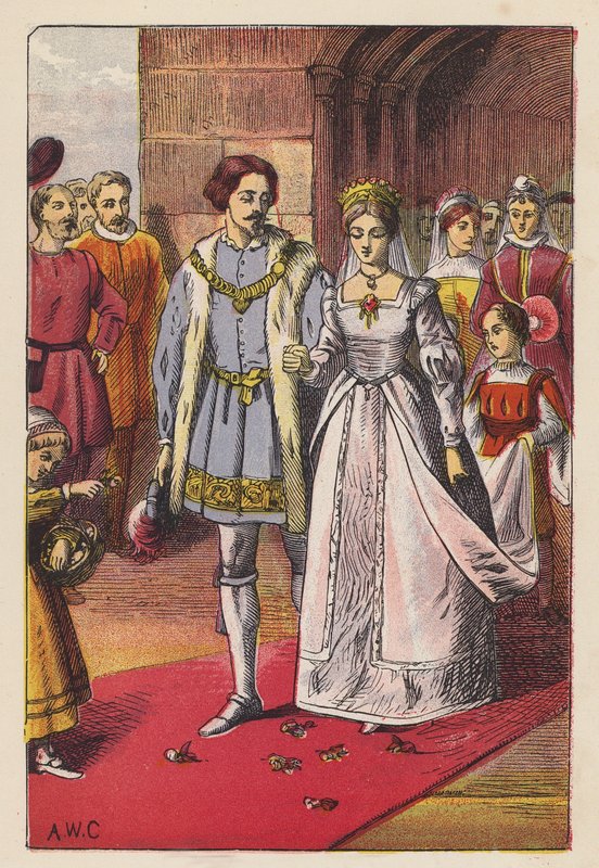Askepotts ekteskap (farge litho) av English School