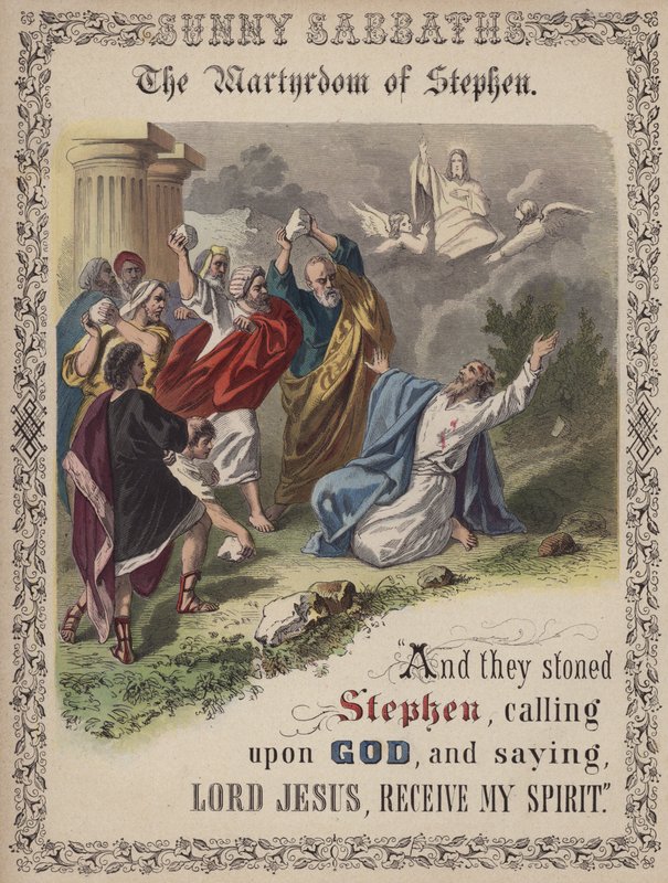 The Martyrdom of Stephen (farget gravering) av English School