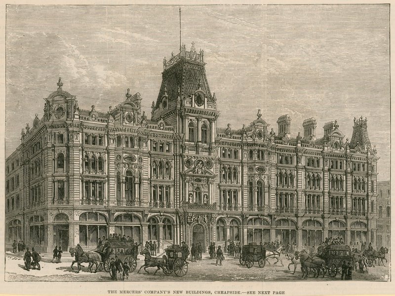 The Mercers Company nye bygninger, Cheapside, London av English School