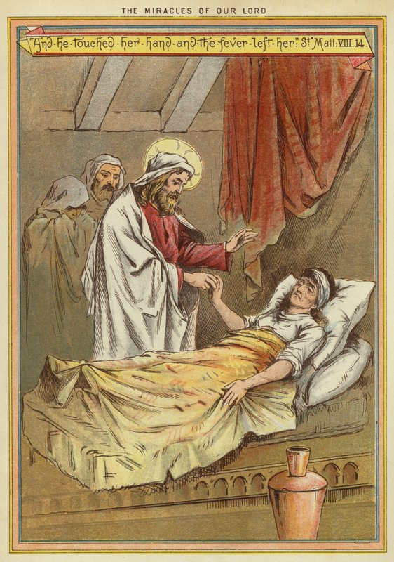 Kristi mirakler: helbredelse av Peters svigermor for feber (chromolitho) av English School