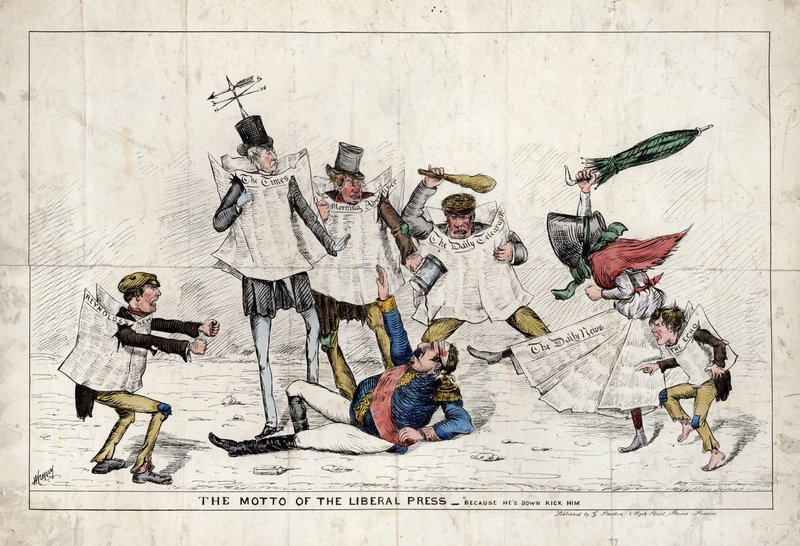 Mottoet til den liberale presse, som viser Napoleon III som ble angrepet av den britiske pressen av English School