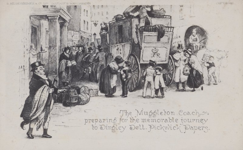 The Muggleton Coach, forbereder seg på den minneverdige reisen til Dingley Dell, Pickwick Papers (s/hv-bilde) av English School
