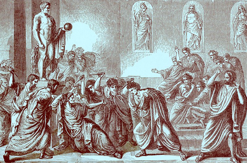 The Murder of Julius Caesar, illustrasjon fra The Illustrated History of the World, publisert ca. 1880 (digitalt forbedret bilde) av English School